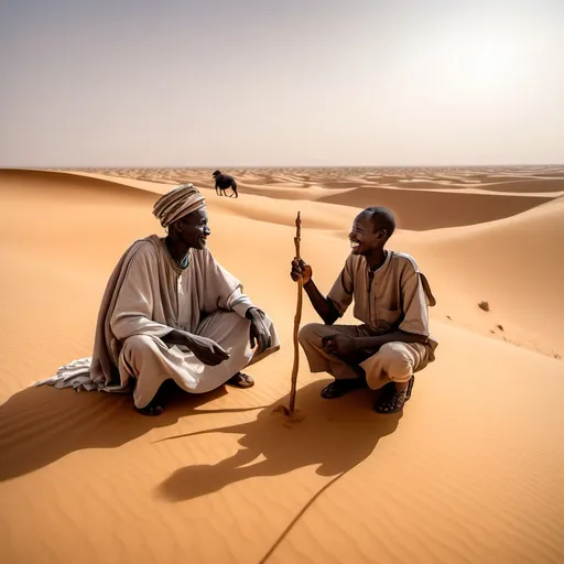 Prompt: Seydou et Awa traversent un désert du Sahara avec des dunes dorées, accompagnés de Yaya, un vieil homme sage, à dos de dromadaire. Le Petit Lion joue joyeusement dans le sable tandis que le soleil se couche, projetant des teintes chaudes sur l’horizon. Au loin, des nomades touaregs se déplacent en caravane, avec leurs turbans bleus flottant au vent.