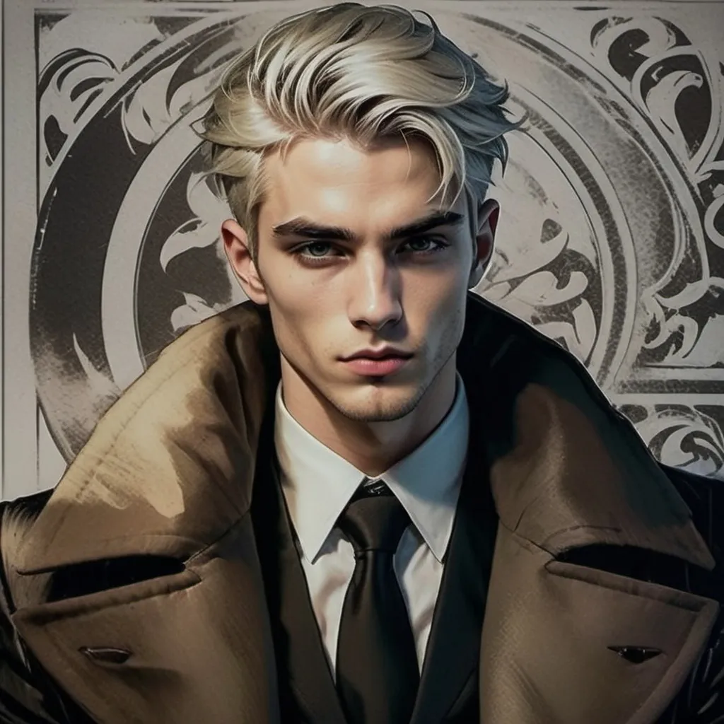 Prompt: (25-year-old man), graceful yet imposing presence, grayish-blond hair, delicate almost androgynous features, honey-colored eyes, smooth scar from neck to cheek, refined black suit, exudes confidence, mystery, and quiet strength, dramatic lighting, cinematic quality, high contrast, ultra-detailed background with a subtly elegant atmosphere 2d style.