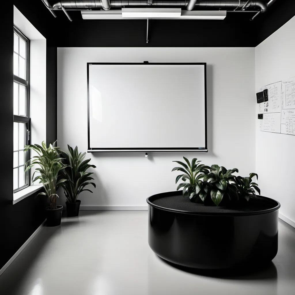 Prompt: I want a photo that has the following features: The photo should be real From a commercial building that has a whiteboard The theme of the room is black And it has a pot