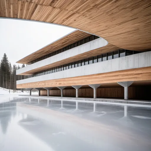 Prompt: Ice skating building modern made out of wood and concrete