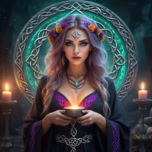 Prompt: Gorgeous witch with styled hair, perfect girl next door look, full luscious lips, perfect body composition, wearing stunning mystical robes, summoning multiple wild magic with swirling 3D Celtic rune symbols and 3D colorful spells, surrounded by the magical weaves, on the night of the dead