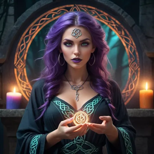 Prompt: Gorgeous witch with styled hair, perfect girl next door look, full luscious lips, perfect body composition, wearing stunning mystical robes, summoning multiple wild magic with swirling 3D Celtic rune symbols and 3D colorful spells, surrounded by the magical weaves, on the night of the dead