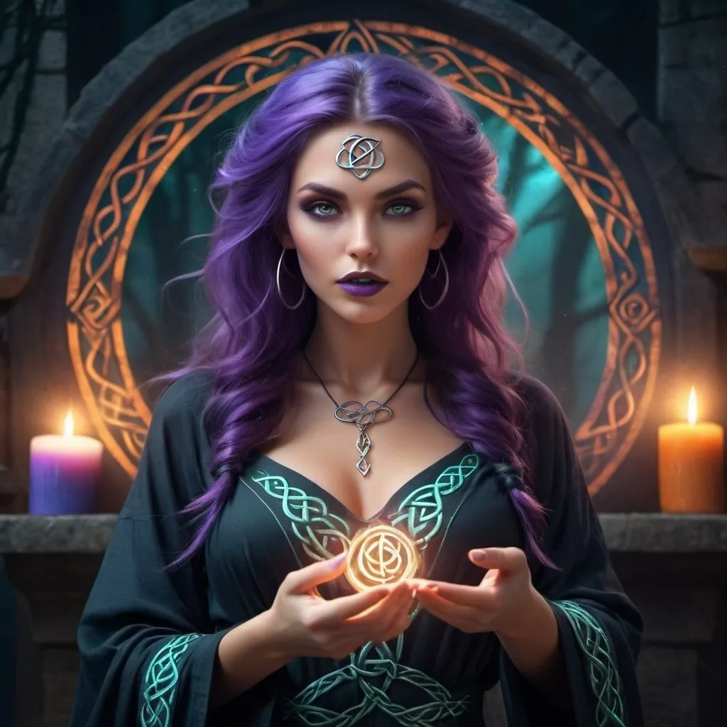 Prompt: Gorgeous witch with styled hair, perfect girl next door look, full luscious lips, perfect body composition, wearing stunning mystical robes, summoning multiple wild magic with swirling 3D Celtic rune symbols and 3D colorful spells, surrounded by the magical weaves, on the night of the dead