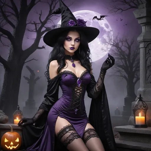 Prompt: Create an image of a stunning witch, dressed in elegant, mystical attire. She should be wearing a stylish black dress with intricate details, complemented by garters. Her appearance is enchanting and captivating, with a touch of dark magic in her purple eyes. She should be kneeling or laying at the entrance to a crypt surrounded by a dark cemetery enhancing the enchanting atmosphere.
