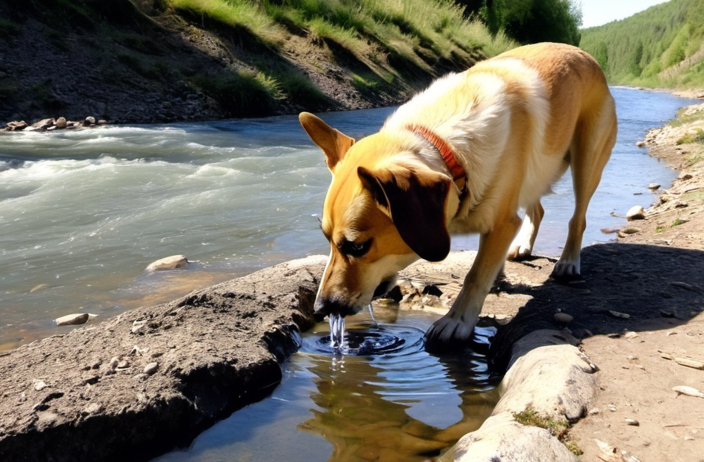 Prompt: A dog drinking water from a River