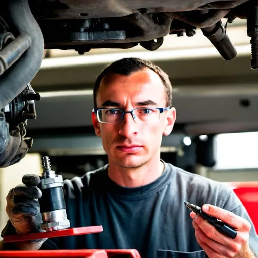 Prompt: Image of a red Ford 150 truck with the hood open in a mechanical workshop, next to it two people: a mechanic is standing and leaning, adjusting the spark plugs on the engine; and a supervisor taking notes about the external state of the truck with a tablet Smart device.