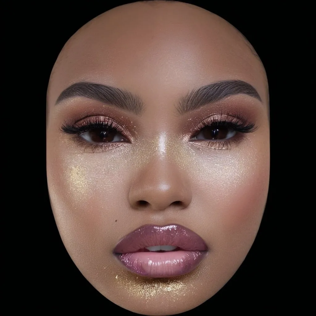 Prompt:   prettybrownskin 
glam makeup girl with big pink oversized lips glowy skin and shiny glittering skin high qualty faces wet lips 
brown skin complextion


 silkyhairwithmiddlepart,photorealisticphotoshoot,hyperrealisticphotoshoot,shotwith
 50mmf/1.8lens,rimlighting,8k,30inchhair—ar4:5—s500

