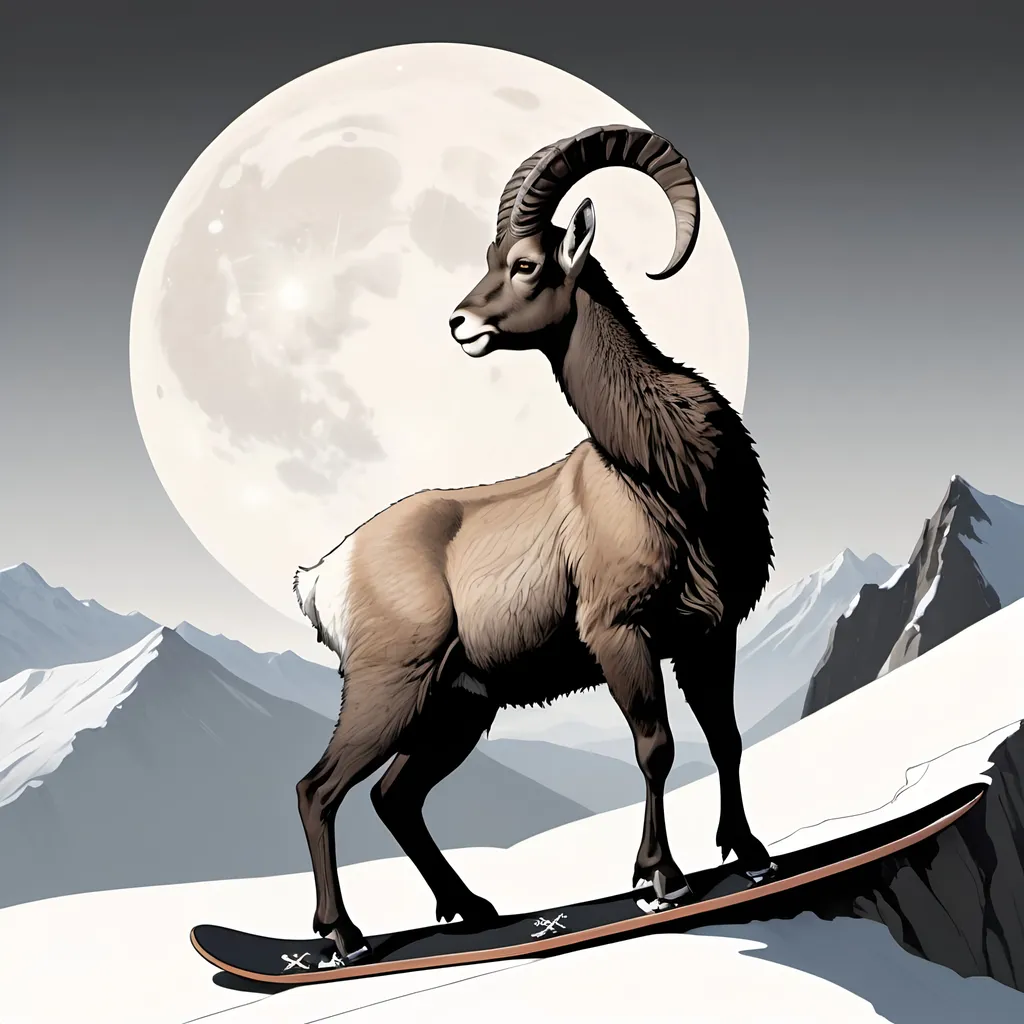 Prompt: Subject: A male mountain ibex with four legs, depicted as furry, standing on a snowboard without wheels at a cliff edge.

The ibex should have a furry texture covering its body.
It should also possess two sharp-angled horns.
Background:

Simple, low-detail mountains in the background.
A big moon shining prominently overhead.
Style:

Japanese minimalistic black and white line drawing.
Clean lines and stark contrast between black and white.
Boundary:

The entire image is enclosed within a circular boundary.