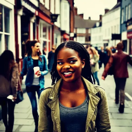 Prompt: Tall young friends walking down the high street, detailed clothing, realistic, natural lighting