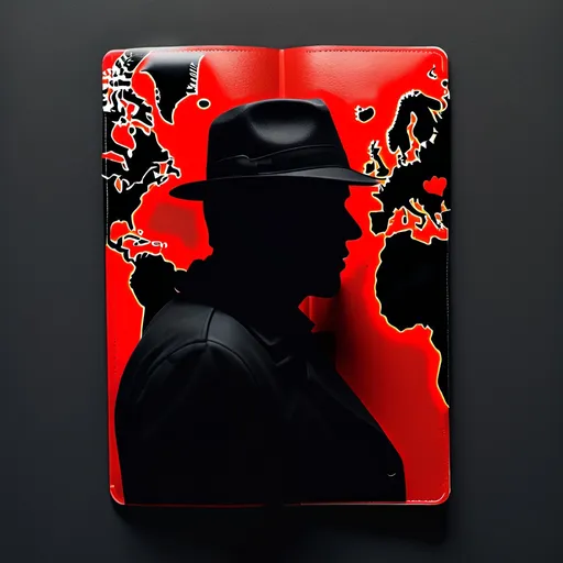 Prompt: Hyper realistic and dark passport size image in silhouette of a detective who roams around the world to find good art, background filled with black canvases painted red