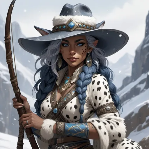 Prompt:  tabaxi huntress with snow leopard spots, silver irises, a black cowboy hat adorned with stars, long blue hair elegantly braided, a more human-like torso covered in soft white fur, and she wields a shortbow with a quiver gracefully strapped to her back.