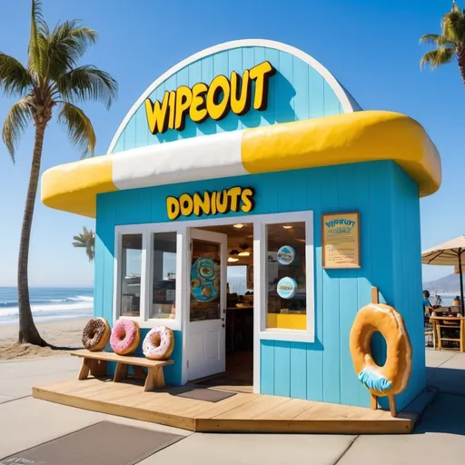 Prompt: Create a crazy donut shop by the beach with the name wipeout donuts at the front door, the main colors are light blue, yellow and white. do not hold yourself to make it it radical but with a relaxed vibe. Show some sea and surf content. In 70's California style. Create a big wave with a surfer on the background. 