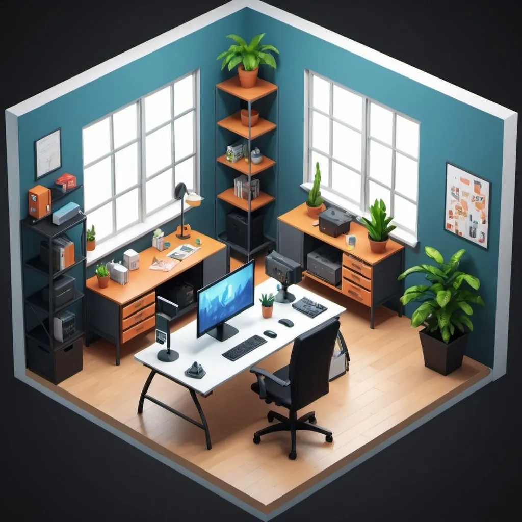 Prompt: 3d isometric game development office for one employee