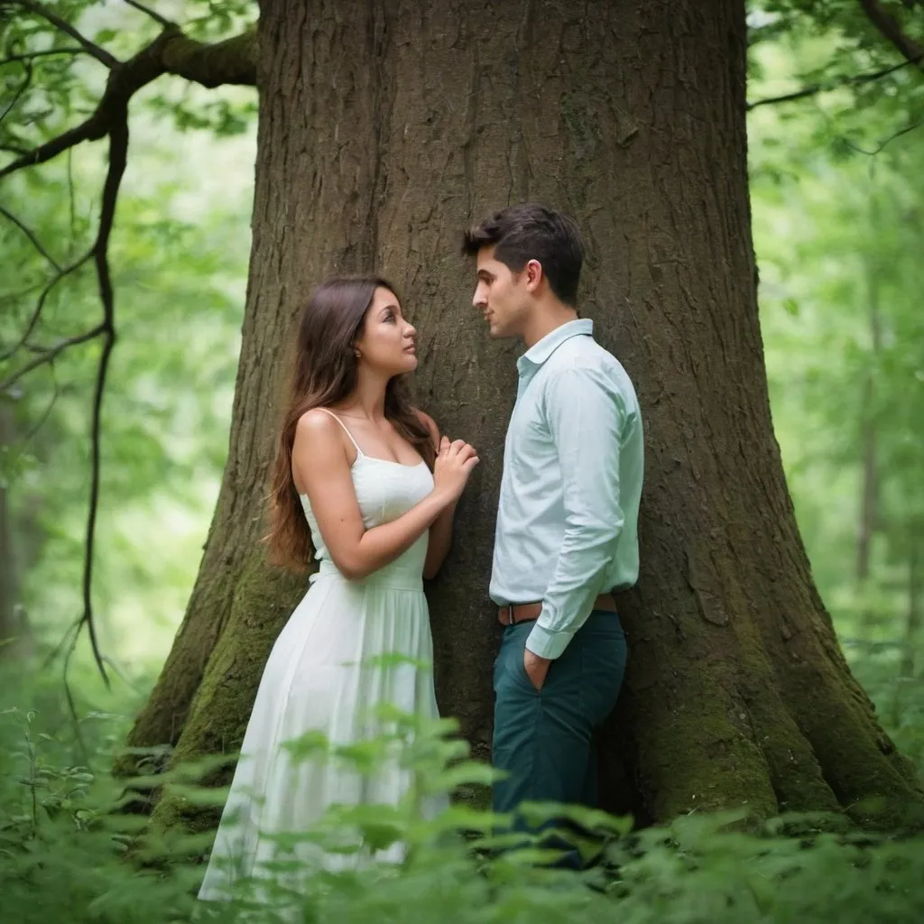 Prompt: A couple looking very beautiful, staying under the tree in a green forest looking eachother, the boy touching her hip, her face expressing love feelings 