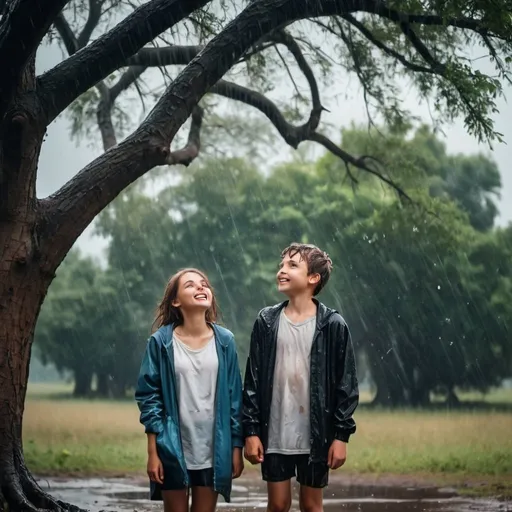 Prompt: A very attractive girl and boy staying under a big tree with wet clothes seeing the sky , dark love background, happy faces 