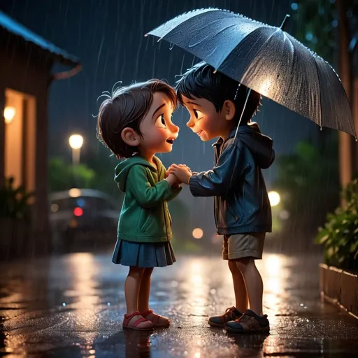 Prompt: A small boy expressing his love to the girl in middle of dark night with rain 