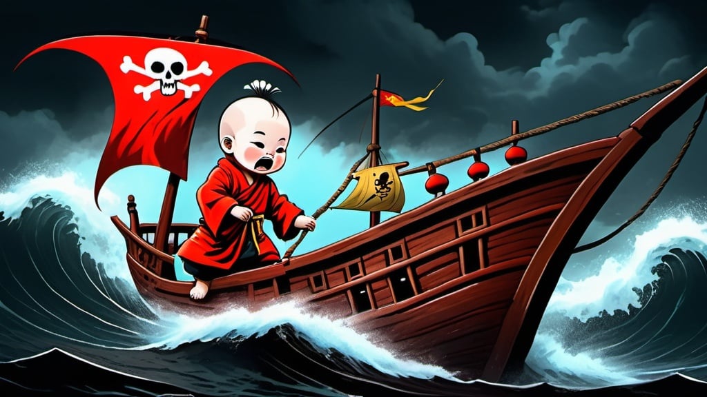 Prompt: A Chinese monk baby  saling a big pirate ship and fighting a big big sea monster under very rough wheather,Rainey, dark background 