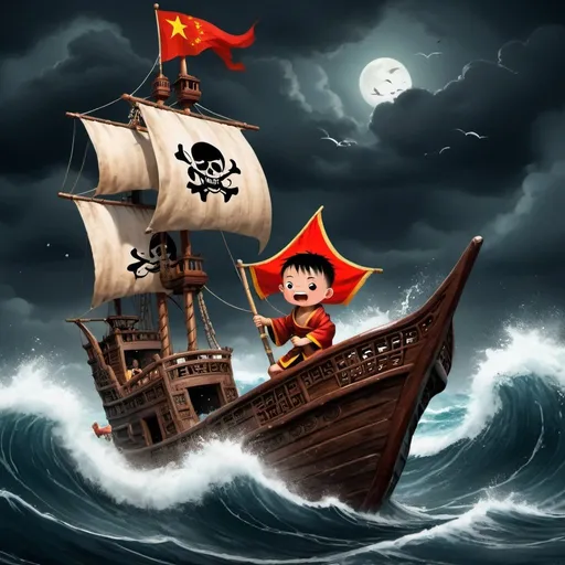 Prompt: A Chinese monk kid saling a big pirate ship under very rough wheather,Rainey , dark background, fishs jumping on the sea 