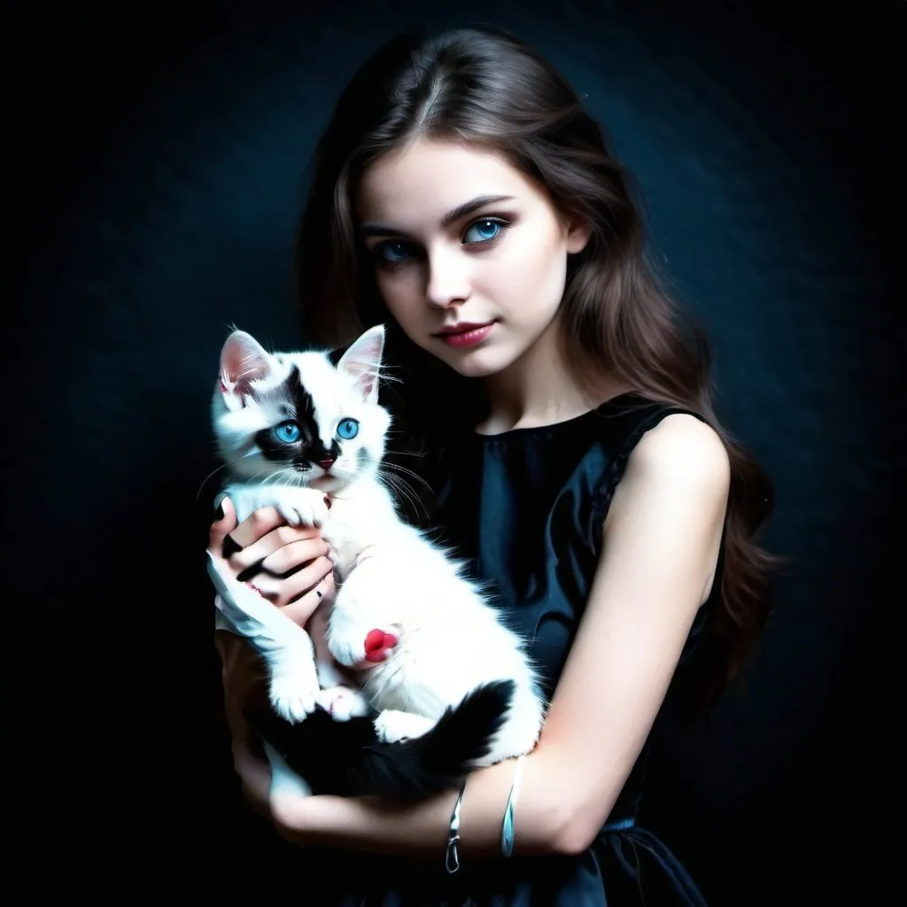 Prompt: A very attractive girl holding a baby silky cat in her hand, wonderland background, dark theme, art photography, 