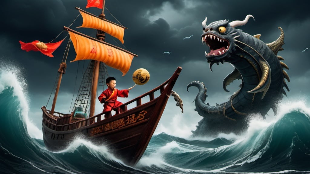 Prompt: A Chinese monk kid saling a big pirate ship and fighting a big big sea monster under very rough wheather,Rainey , dark background, fishs jumping on the sea 