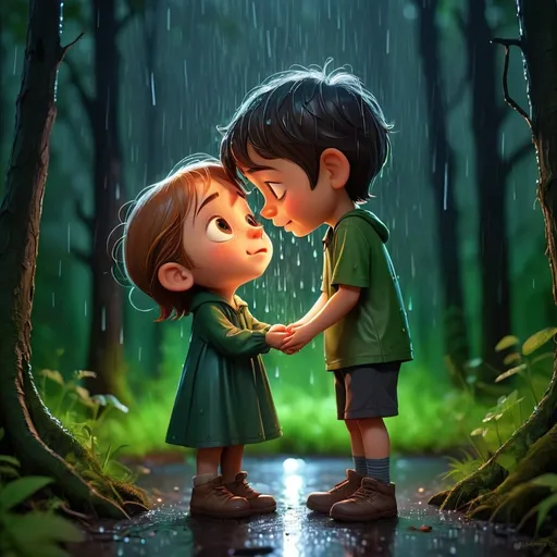 Prompt: A small boy expressing his love to the girl in middle of green forest dark night with rain 
