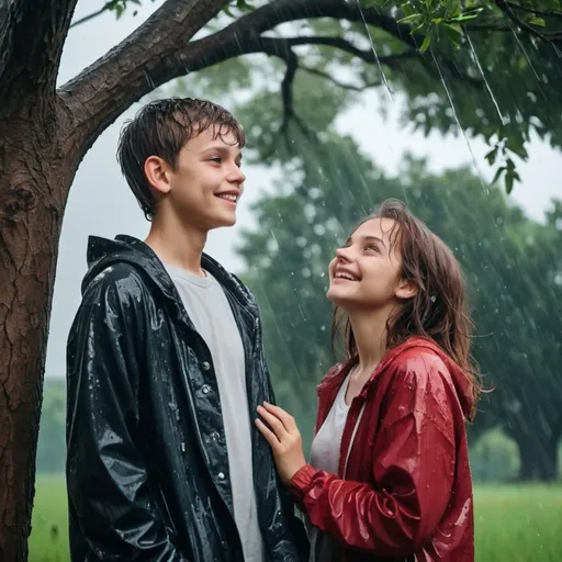Prompt: A very attractive girl and boy staying under a big tree with wet clothes seeing the sky , dark love background, happy faces 