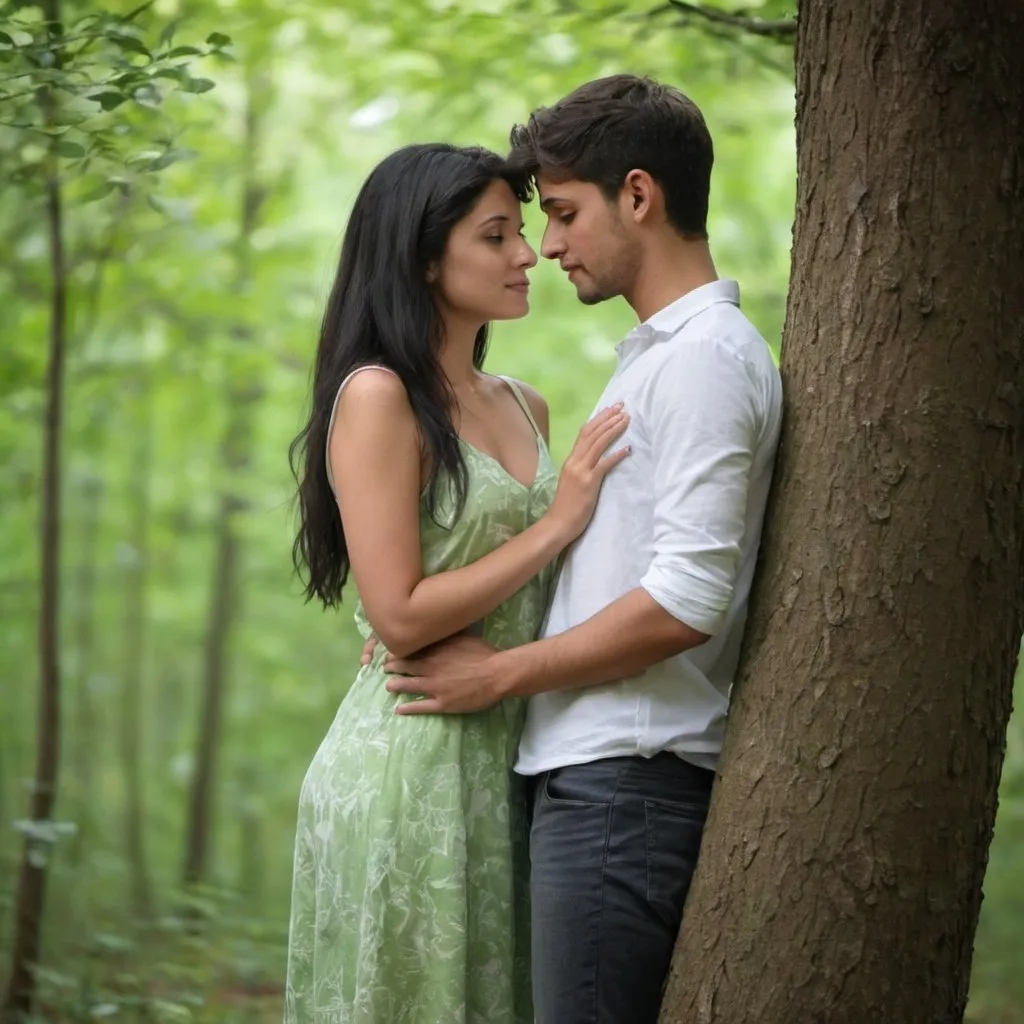 Prompt: A couple looking very beautiful, staying under the tree in a green forest looking eachother, the boy touching her hip, her face expressing love feelings 