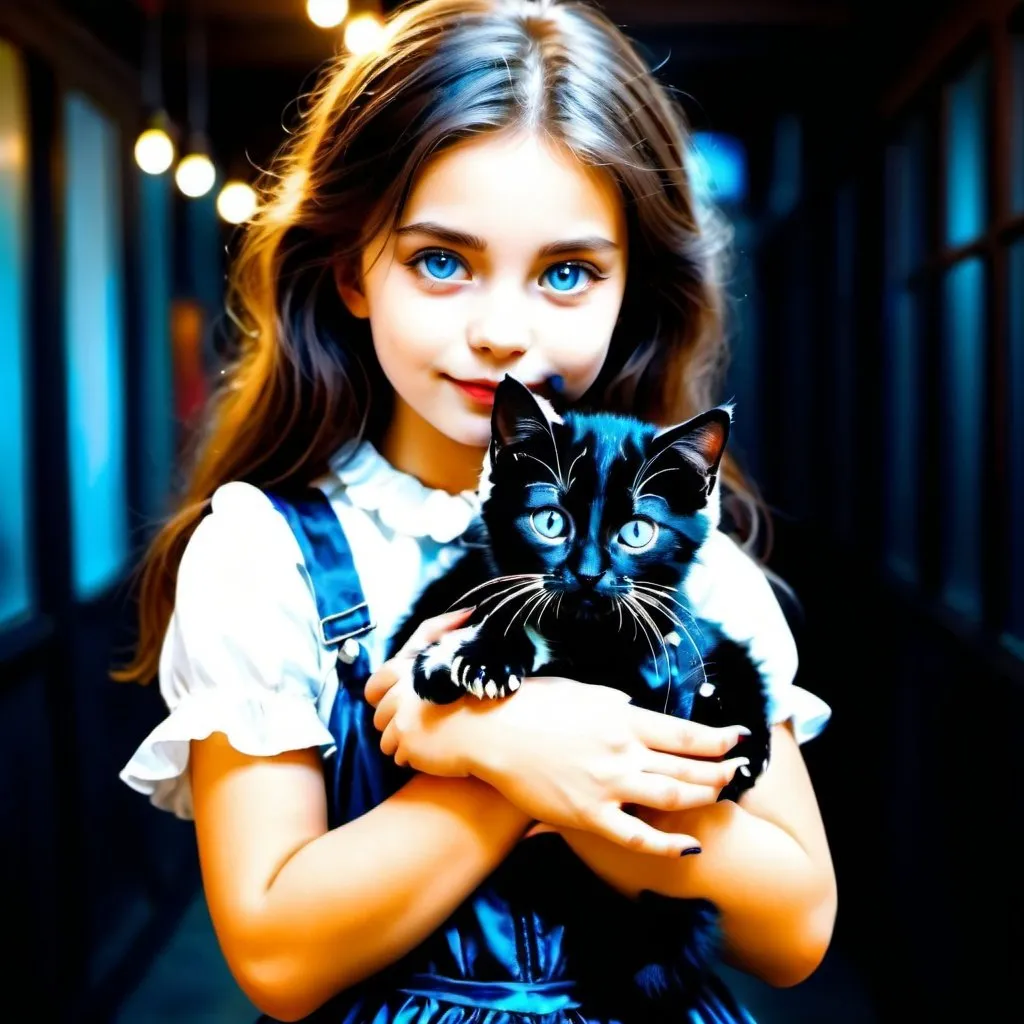 Prompt: A very attractive girl holding a baby silky cat in her hand, wonderland background, dark theme, art photography, 