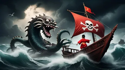 Prompt: A Chinese monk kid saling a big pirate ship and fighting a big big sea monster under very rough wheather,Rainey , dark background, fishs jumping on the sea 