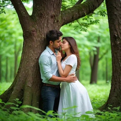 Prompt: A couple looking very beautiful, staying under the tree in a green forest looking eachother  the boy touching her hip her face expressing love feelings 