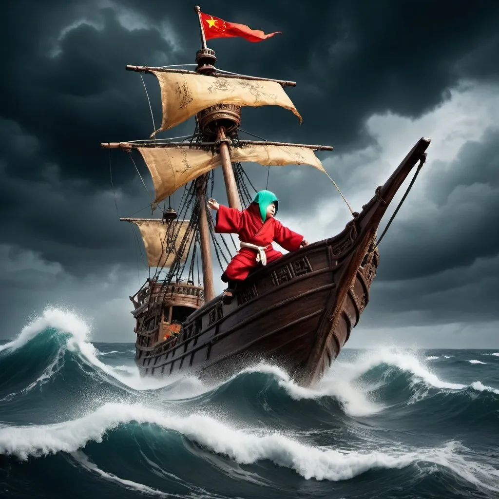 Prompt: A Chinese monk kid saling a big pirate ship under very rough wheather,Rainey , dark background, fishs jumping on the sea 