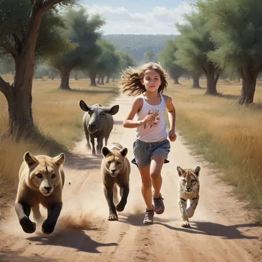 Prompt: a girl running with two animals on a dirt road in the wild, with trees in the background and a path leading to the camera, Anton Graff, art photography, wildlife photography, a photorealistic painting
