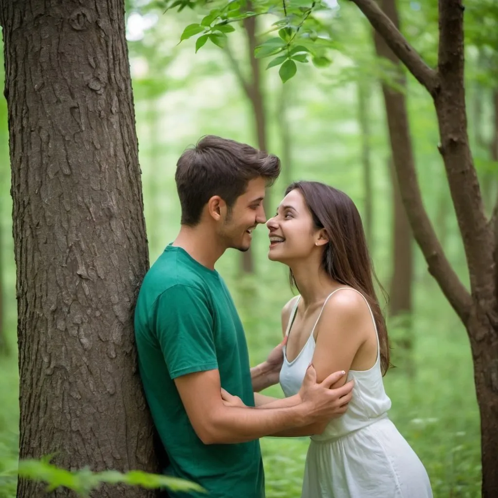 Prompt: A couple looking very beautiful, staying under the tree in a green forest looking eachother  the boy touching her hip her face expressing excited feelings in her face