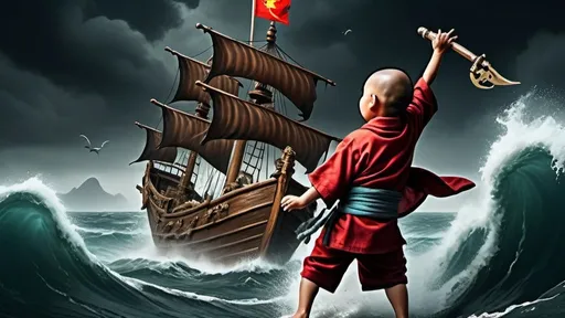 Prompt: A Chinese monk kid saling a big pirate ship and fighting a big big sea monster under very rough wheather,Rainey , dark background, fishs jumping on the sea 