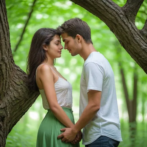 Prompt: A couple looking very beautiful, staying under the tree in a green forest looking eachother, the boy touching her hip, her face expressing love feelings 