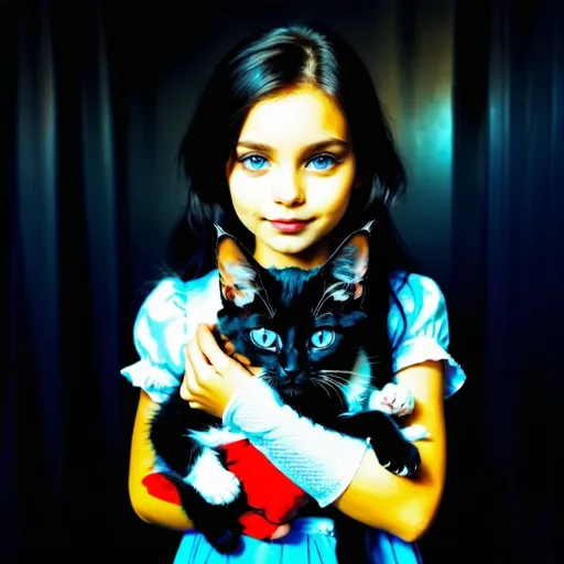 Prompt: A very attractive girl holding a baby silky cat in her hand, wonderland background, dark theme, art photography, 