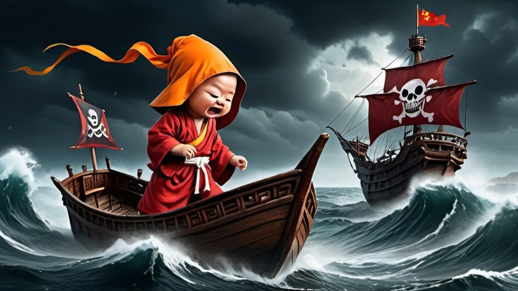 Prompt: A Chinese monk baby  saling a big pirate ship and fighting a big big sea monster under very rough wheather,Rainey, dark background 