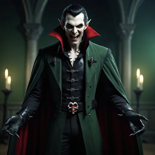 Prompt: {"prompt":{"description":"Image of a powerful male vampire","scene_details":{"vampire":{"framing":"Full Body","appearance":["evil","monstrous" ],"body":{"position":"frontal symmetrical view","posture":"standing","physical":"strong","age":"40 years","hair":["black ","long","pointy"],"face":{"appearance":["smiling","evil look"],"skin":"pale","ears":["small","pointy "],"smile":["evil","open mouth","vampire teeth"]},"clothes":{"style":"medieval","color":"black","pieces": {"boots":"yes","cape":"long with red lining","belt":"with skull buckle"}}}},"location":["room without details","walls and floor in green"]},"lighting":"studio","background":"clean in green","quality":["high resolution","ultra realistic","8k"],"size ":"1792x1024"}}