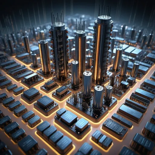 Prompt: Towering skyscrapers of capacitors and transistors, futuristic, technology showcase, emphasis on reliability and lifetime prediction, detailed circuits and components, professional 3D rendering, high-tech, futuristic, emphasis on importance, industrial aesthetic, detailed, reliability, lifetime prediction, technology showcase, towering, circuits, capacitors, transistors, 3D rendering, professional, futuristic style, industrial aesthetic, high quality, highres, ultra-detailed, industrial lighting