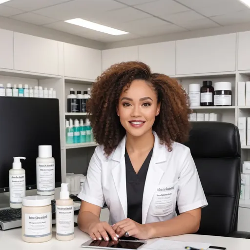 Prompt: A light skinned medium size lady with african hair white scrubs labelled skinsecrets in a large office space behind a large a desk with a laptop and skincare products labelled skinscerets on it.