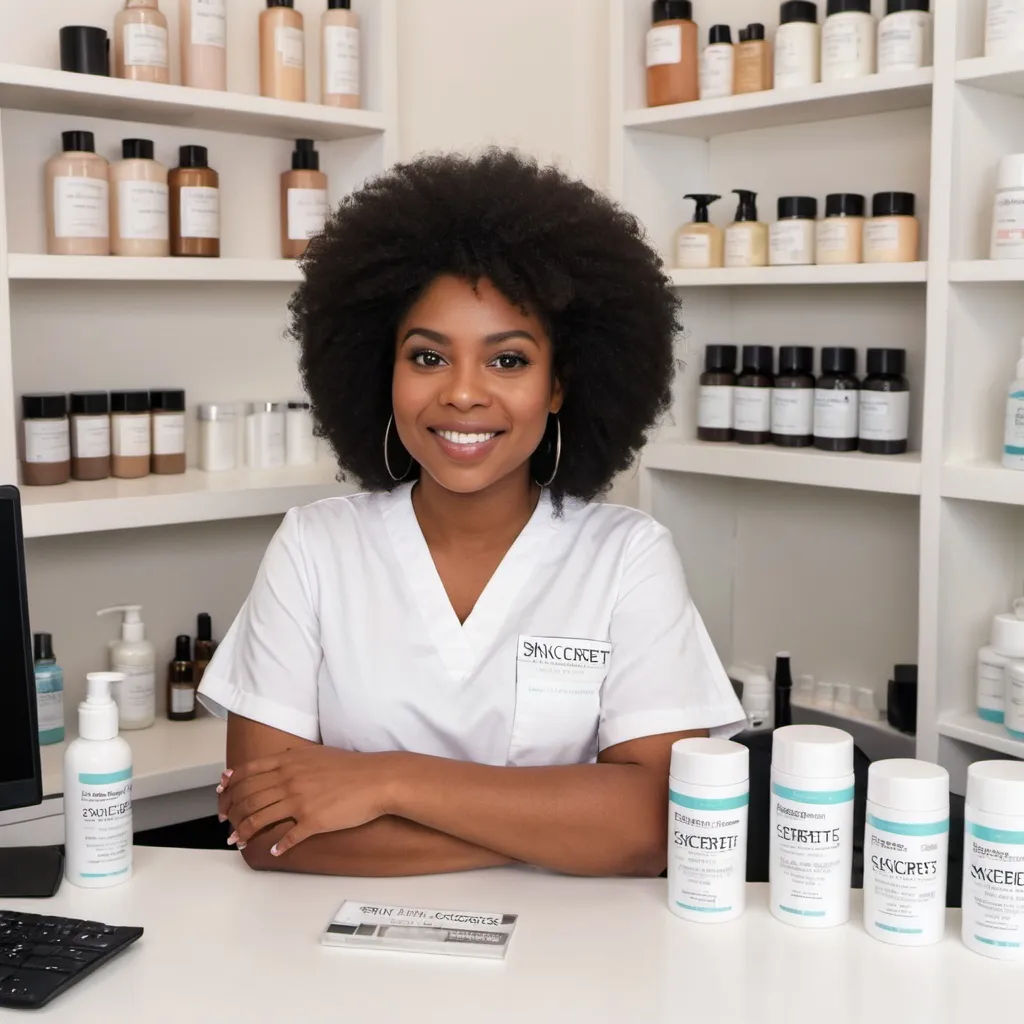 Prompt: A medium size brown skinned lady with black afro hair in white scrubs labelled skinscerets holding a white mug labelled skinsecrets sitting behind a desk with a labtop and skincare products labelled skinsecrets on it with a background of shelf with skincare products