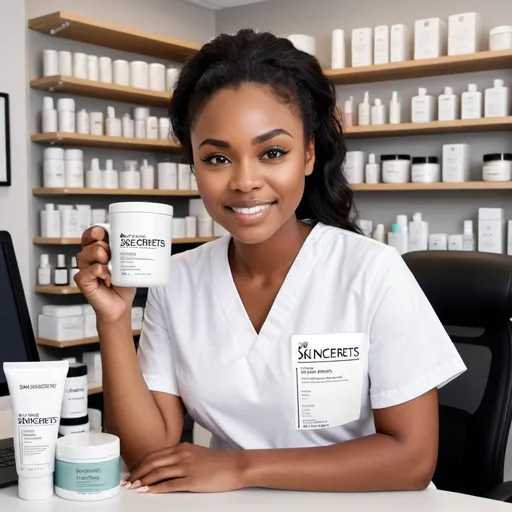 Prompt: A medium size light brown lady with african black hair in white scrubs labelled skinsecrets holding a white mug labelled skinsecrets sitted behind in a large office space with a large desk with a laptop and skincare products labelled skinscerets on it with a background of a shelf with skincare products.