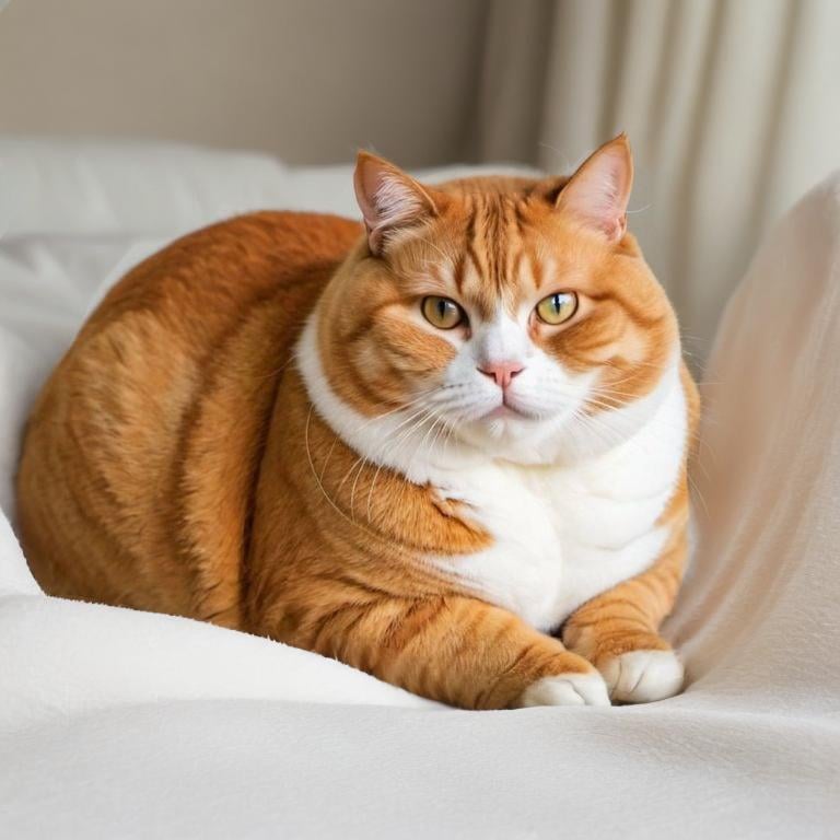 Prompt:  fat orange cat sleeping in the bed on a soft, fluffy blanket.