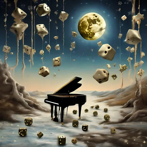 Prompt: Surrealist, dreamlike scene of a Salvador Dalí style vision, precise, piano melting on moon, stars and dice in an eerie sky, high quality, surrealism, dreamlike, precise details, melting piano, moon, stars, dice, eerie sky, surrealistic, surreal lighting