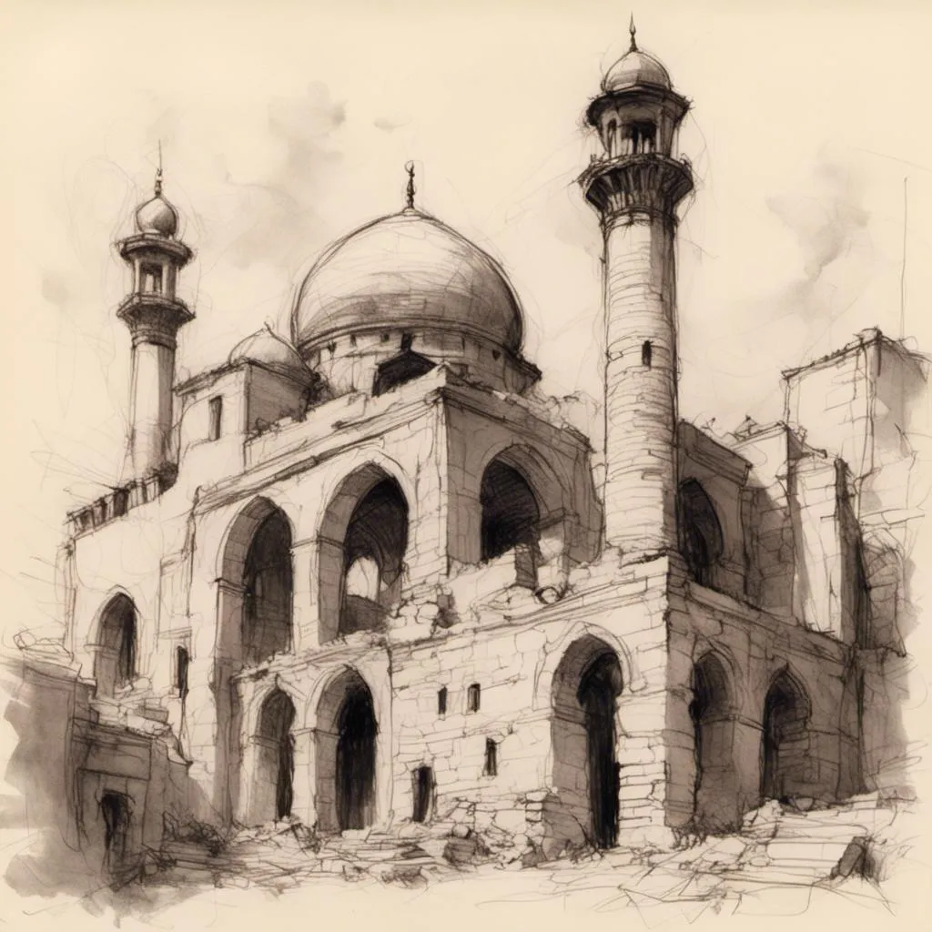 Prompt: <mymodel> pencil-sketch of a ruin of a mosque 
