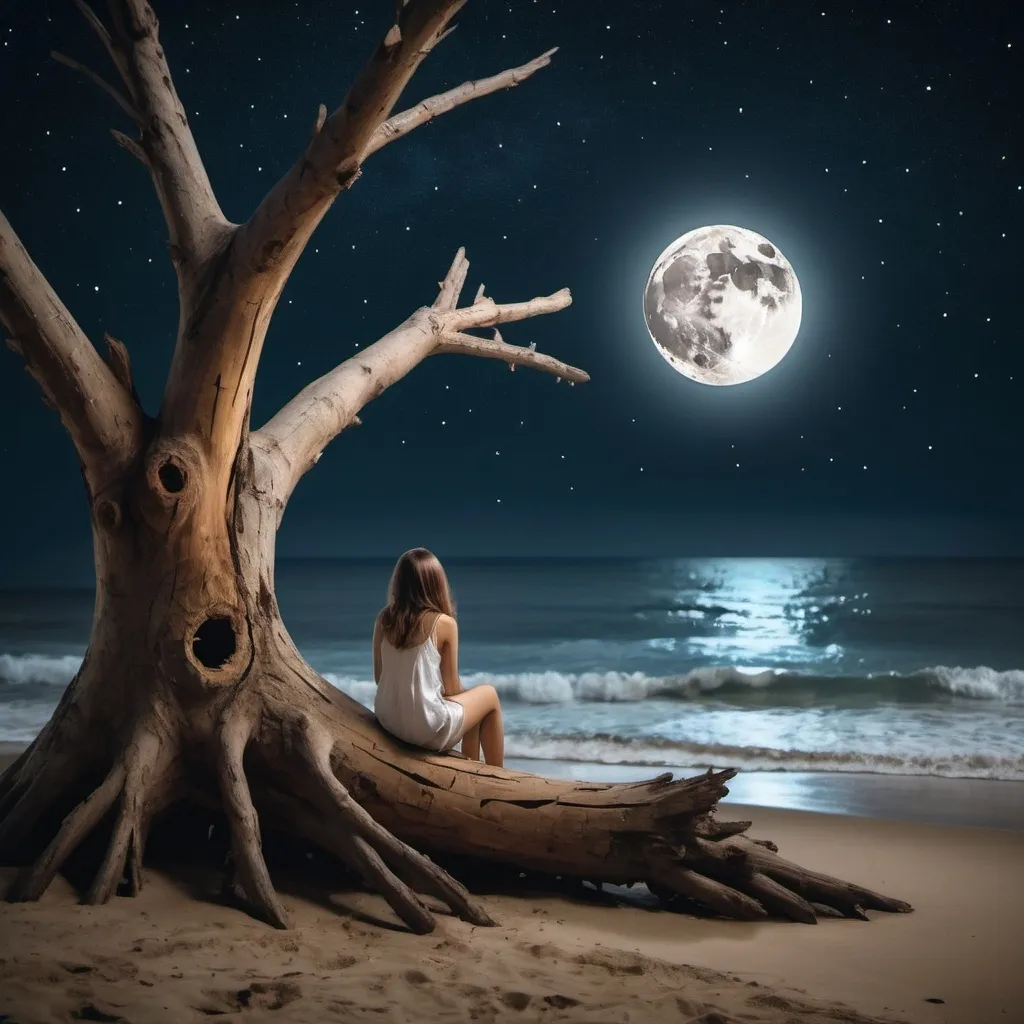 Prompt: A loneliness girl sitting in a wooden broken tree near a night beach  and  stars and full moon on dark sky 