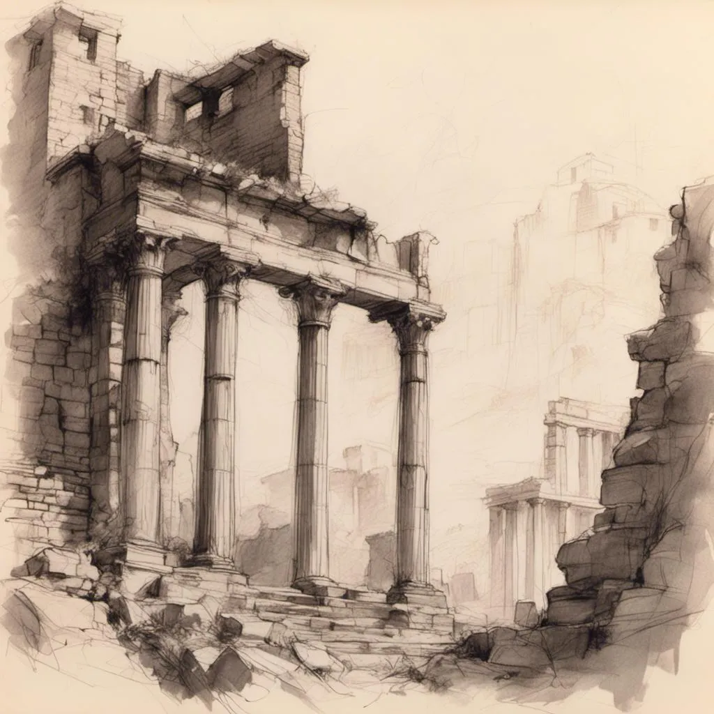 Prompt: <mymodel> pencil-sketch of a ruin of a Roman temple