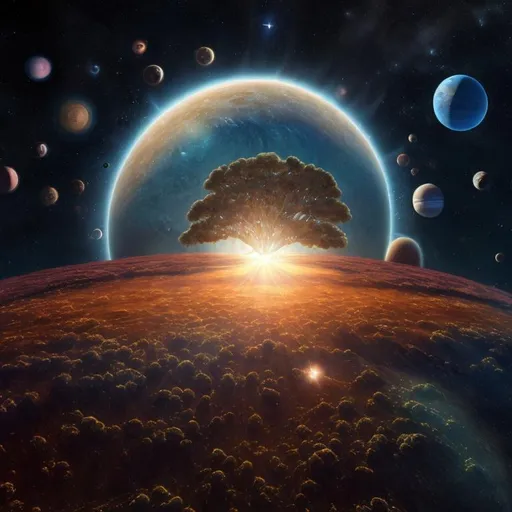 Prompt: An earthlike planet at the bottom of the image. A giant tree grows from the top of the planet into the stratosphere. The sun is at the top of the image. The planet is covered in thick forests that spring from the roots of the giant tree. There are no planets in the sky, but The sky is filled with stars.