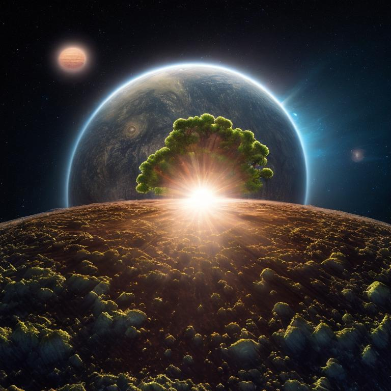 Prompt: An earthlike planet at the bottom of the image. A giant tree grows from the top of the planet into the stratosphere. The sun is at the top of the image. The planet is covered in thick forests that spring from the roots of the giant tree. There are no planets in the sky, but The sky is filled with stars.