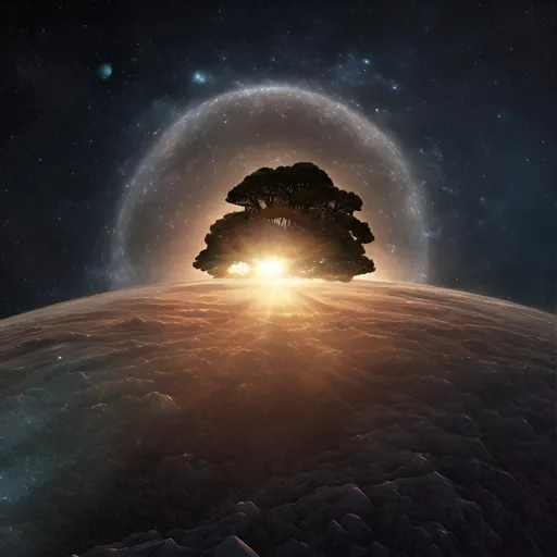 Prompt: An earthlike planet at the bottom of the image. A giant tree grows from the top of the planet into the stratosphere. The sun is at the top of the image. The planet is covered in thick forests that spring from the roots of the giant tree. There are no planets in the sky, but The sky is filled with stars.